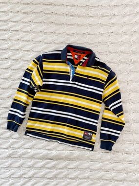 Vintage Tommy Hilfiger Boys Navy, Yellow & White Striped Rugby Polo